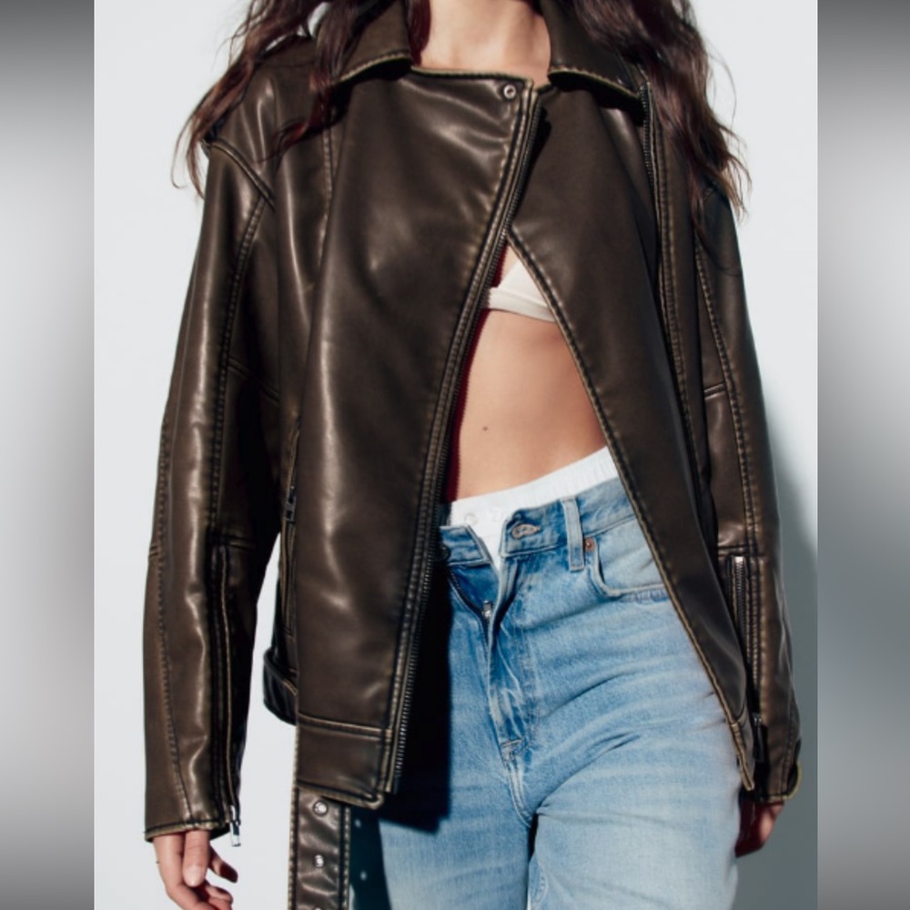 Zara Olive Green Leather Biker Jacket
